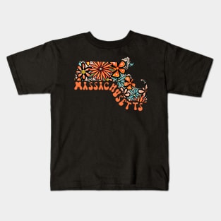 Massachusetts State Design | Artist Designed Illustration Featuring Massachusetts State Outline Filled With Retro Flowers with Retro Hand-Lettering Kids T-Shirt